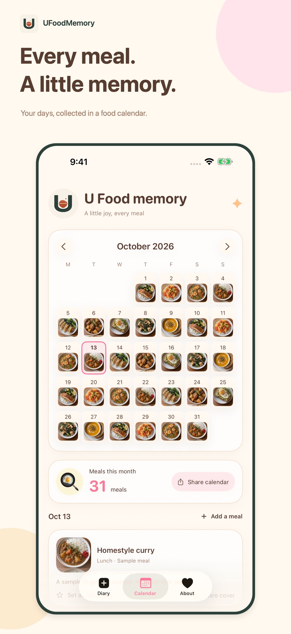 UFoodMemory App Store preview showing a calendar of sample meals