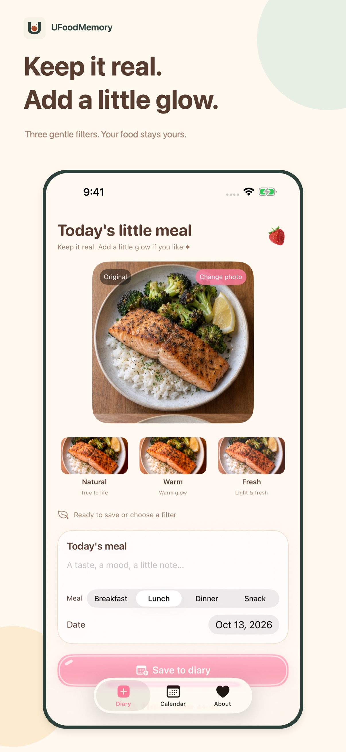 UFoodMemory App Store preview showing meal photos, notes and photo filters